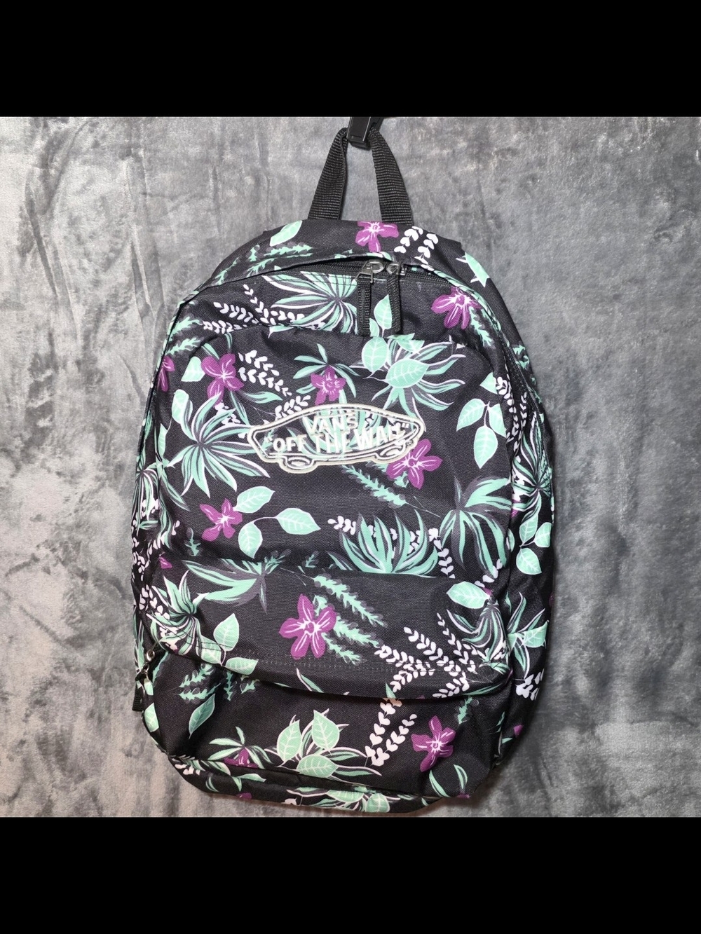 Vans Black Floral Backpack with Mint and Purple Accents